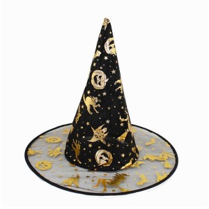CHAPÉU DE BRUXA PRETO E DOURADO ORGANZA - KIN FESTAS